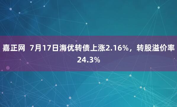 嘉正网  7月17日海优转债上涨2.16%，转股溢价率24.3%